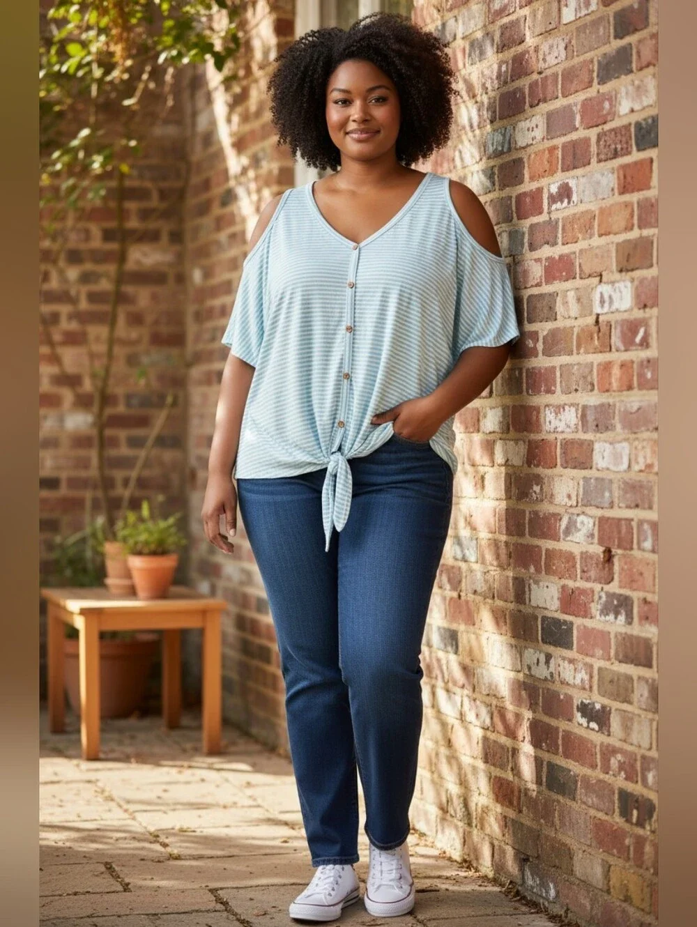 e.Luna Cold-Shoulder Tie Hem Striped Top in Five Colors Size 3X - Picture 7 of 14